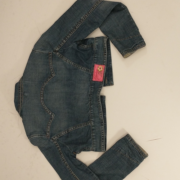Crop Denim Jean Jacket Short sz Lg Natural Wear 44 Chest some Stretch Mid Wash - Picture 9 of 9